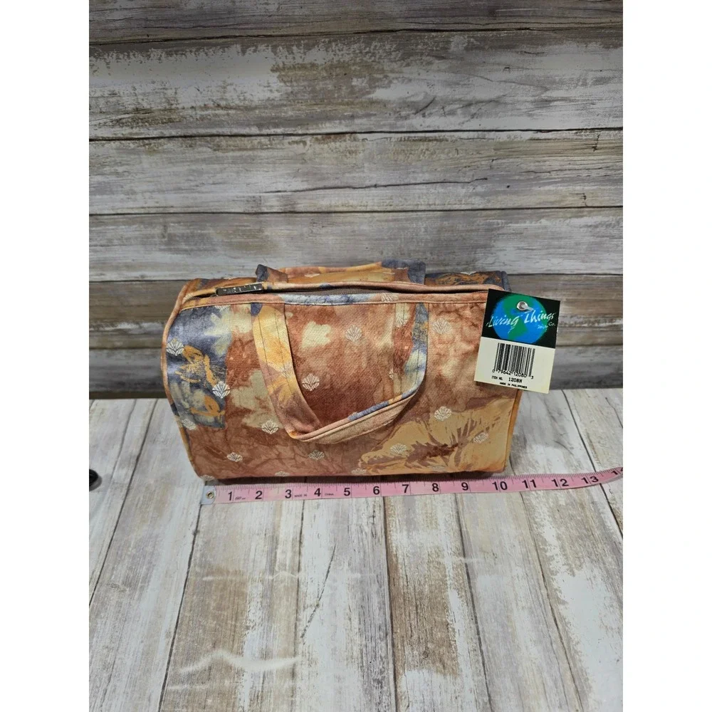 Living Things Co Abstract Floral Batik Canvas Barrel Travel Bag‎ Orange Blue NWT